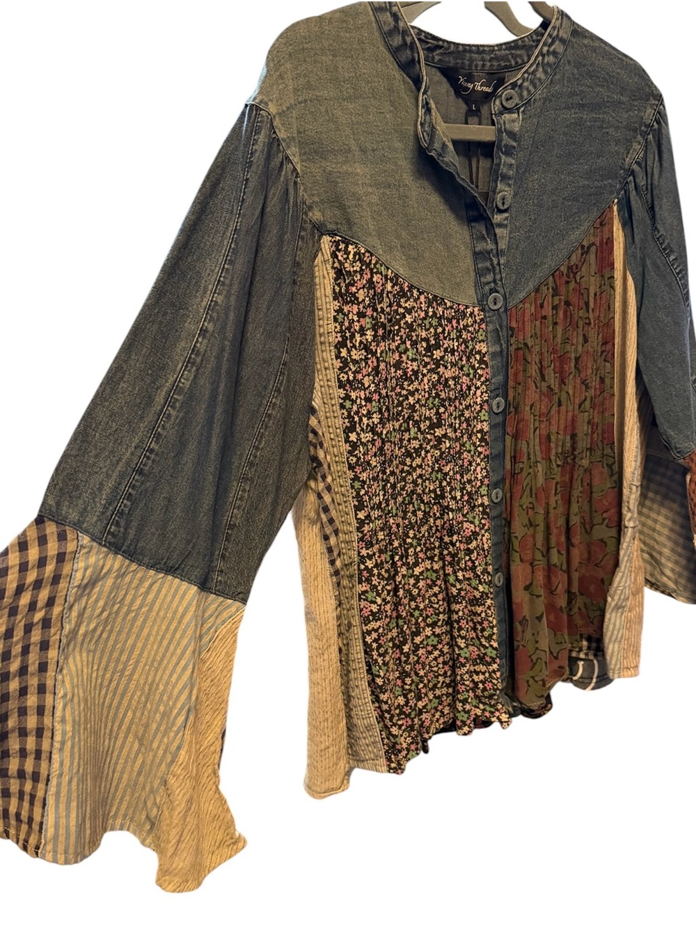 Young Threads Vintage-Inspired Patchwork Denim Button-Front Women’s Top - Blue - Picture 2 of 2